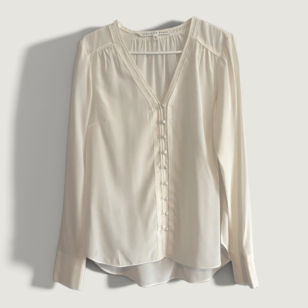 Veronica Beard Blouse Womens 10 White Silk V Neck Button Front Long Sleeve Top